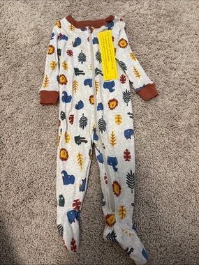 dip Cream Footed One-Piece with Blue, Yellow and Brown Jungle Animals 6/12M-NWT